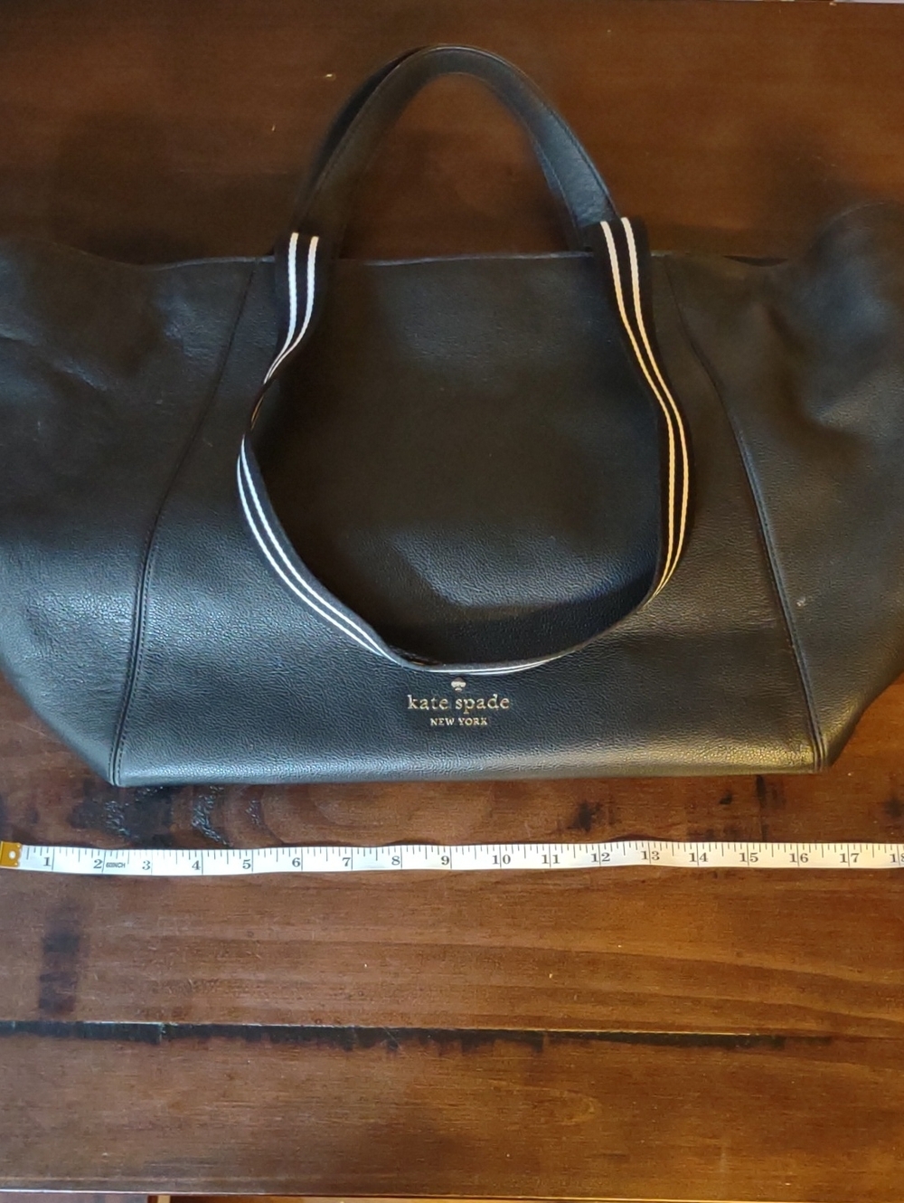 kate spade Black Leather Tote with Striped Webbing Handles